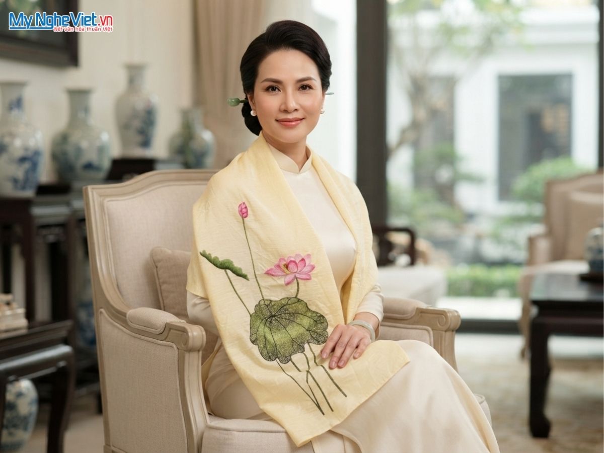 Khăn Lụa Đũi Thêu Tay Hoa Sen Màu Kem 40x200cm KLNC40200/5