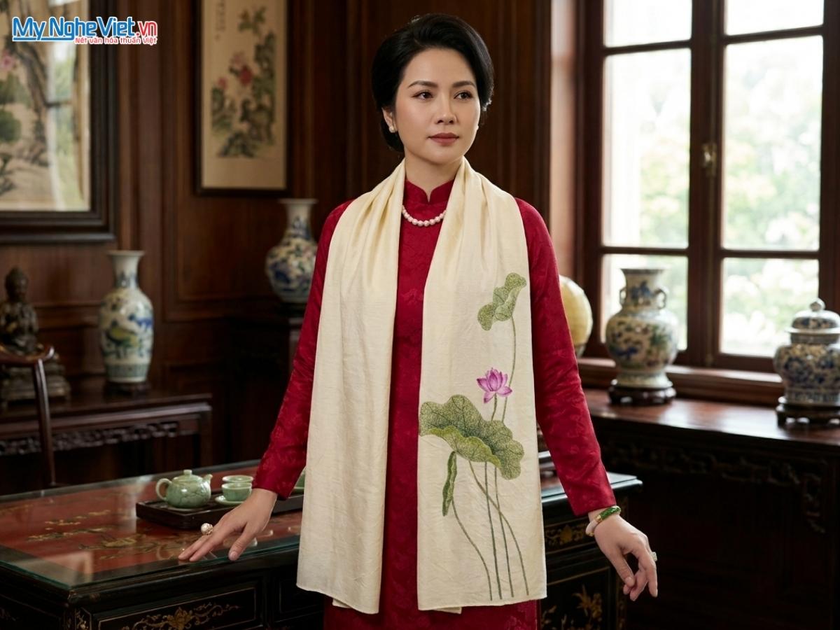 Khăn Lụa Đũi Thêu Tay Hoa Sen Màu Kem 40x200cm KLNC40200/9