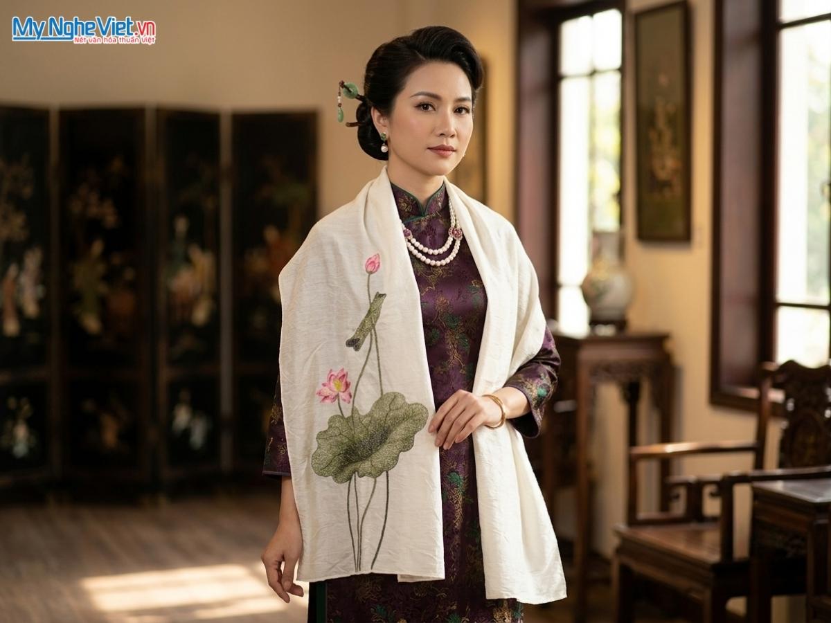 Khăn Lụa Đũi Thêu Tay Hoa Sen Màu Kem 40x200cm KLNC40200/10