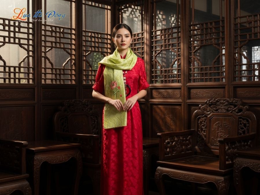 Khăn lụa thêu tay đuôi công xanh cốm MNV-LNL45180.3