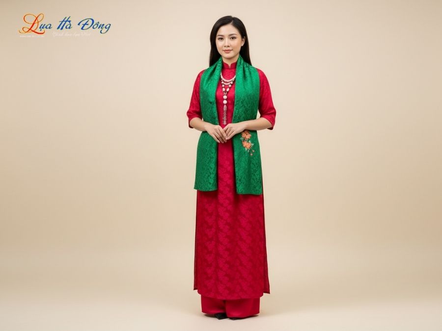 Khăn lụa thêu tay đuôi công xanh lá MNV-LNL45180.5