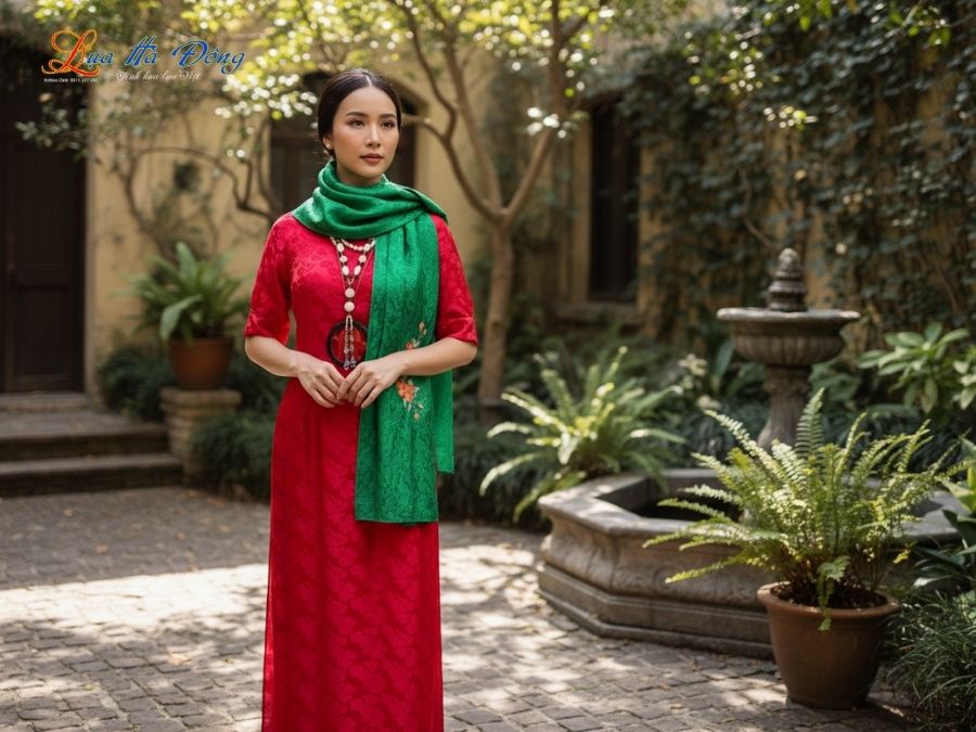 Khăn lụa thêu tay đuôi công xanh lá MNV-LNL45180.5