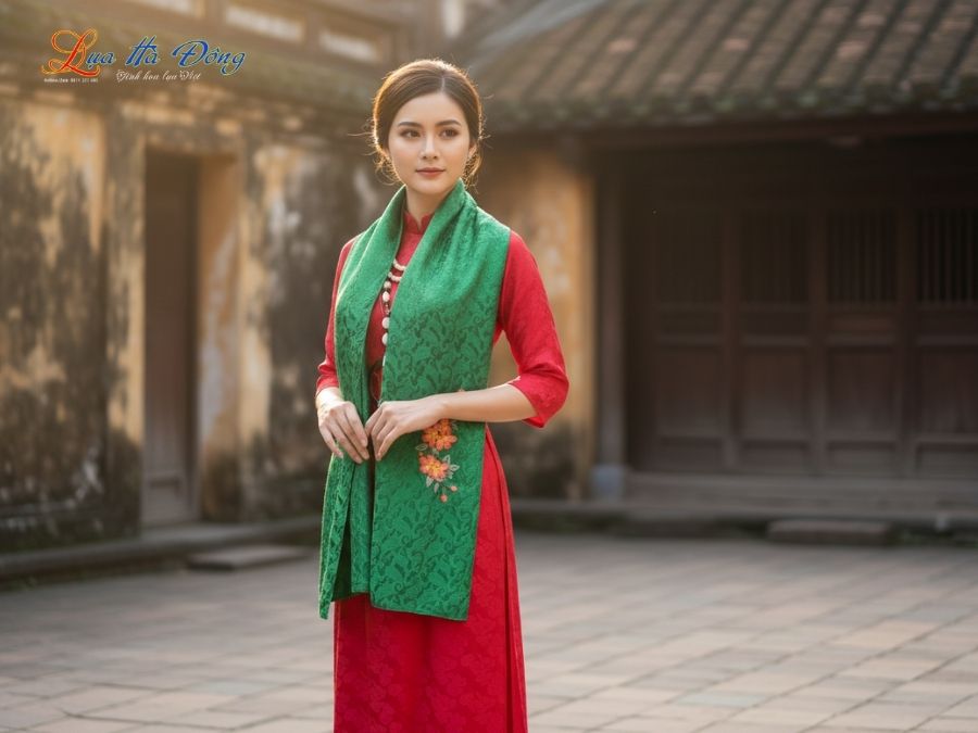 Khăn lụa thêu tay đuôi công xanh lá MNV-LNL45180.5