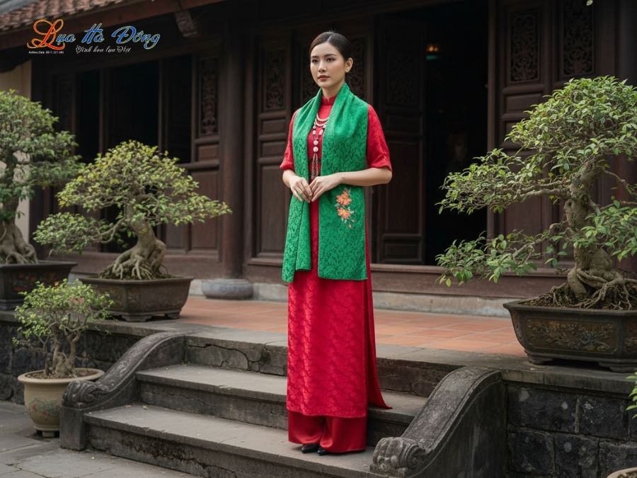 Khăn lụa thêu tay đuôi công xanh lá MNV-LNL45180.5