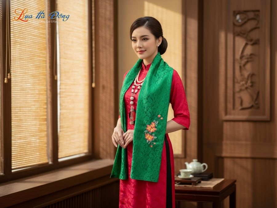 Khăn lụa thêu tay đuôi công xanh lá MNV-LNL45180.5