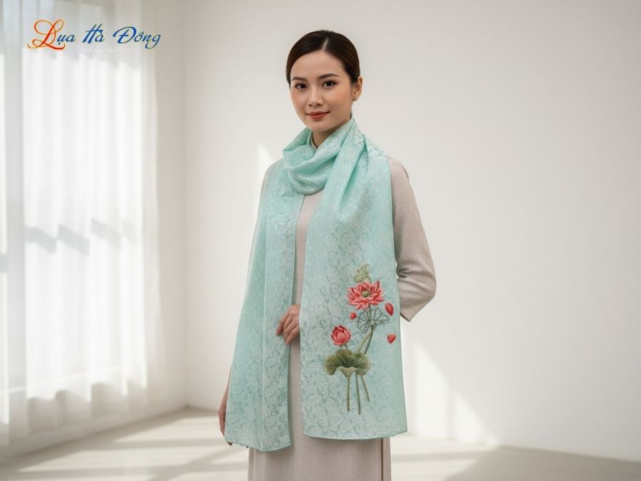 Khăn lụa thêu tay đuôi công xanh mint MNV-LNL45180.4
