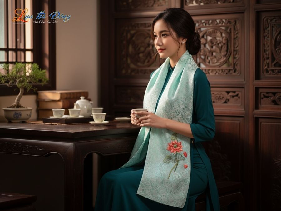 Khăn lụa thêu tay đuôi công xanh mint MNV-LNL45180.4