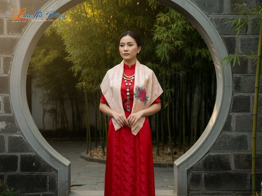 Khăn lụa thêu tay song thọ hồng phấn MNV-LNL8585/8