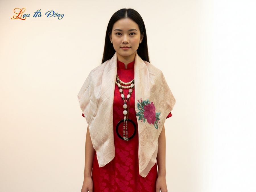 Khăn lụa thêu tay song thọ hồng phấn MNV-LNL8585/8