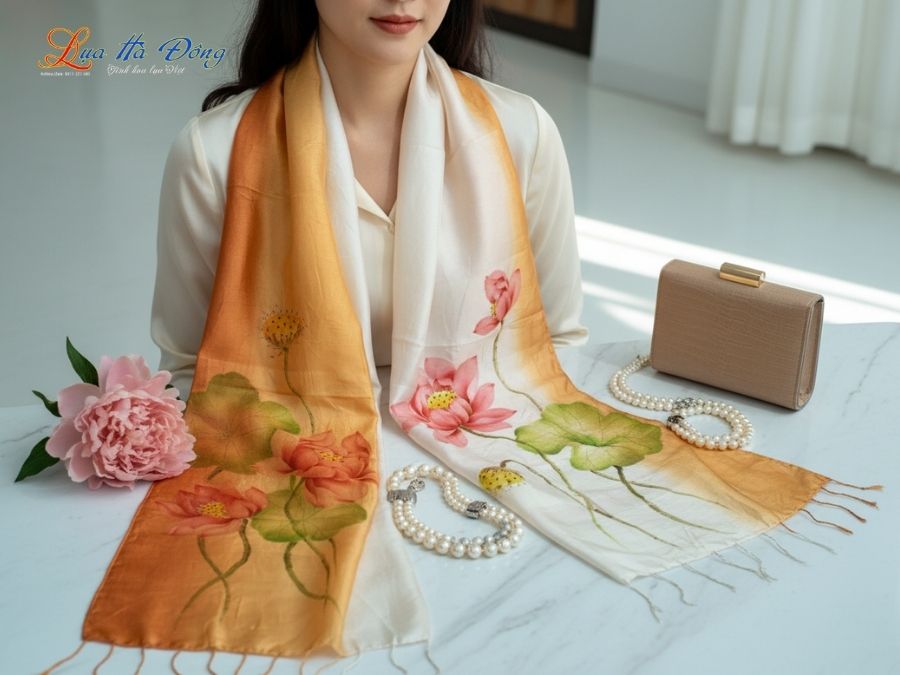 Khăn lụa tơ tằm vẽ tay hoa tua rua 100% silk KLNC79212/13