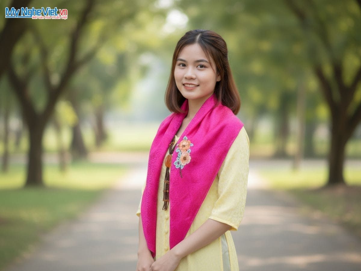 Khăn lụa thêu tay song thọ hồng MNV-LNL8585/2