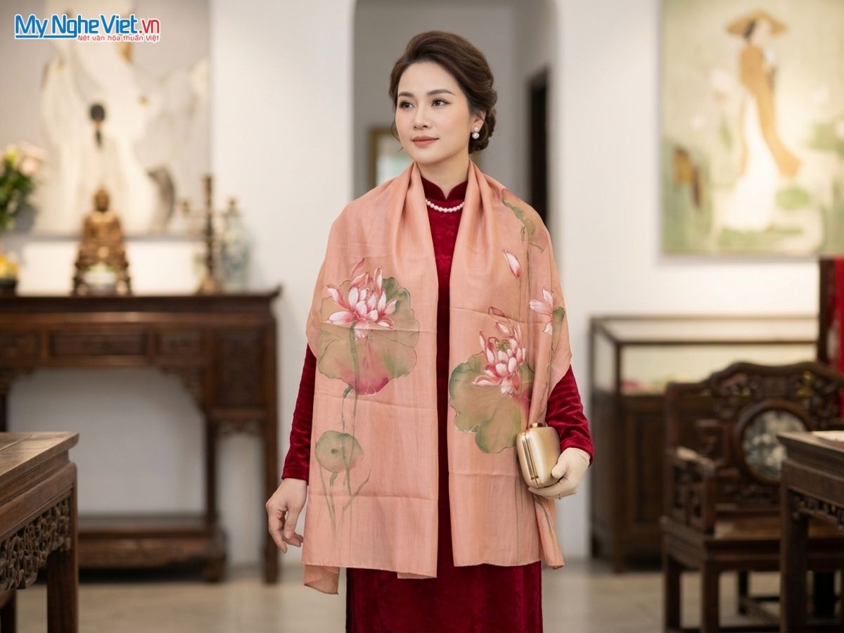 Khăn Lụa Tơ Tằm Vẽ Tay Hoa Sen Màu Hồng San Hô 70x180cm MNV-PT70180/16
