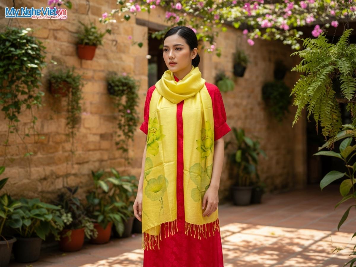 Khăn Lụa Tơ Tằm Vẽ Tay Hoa Sen 79x212cm KLNC79212/1