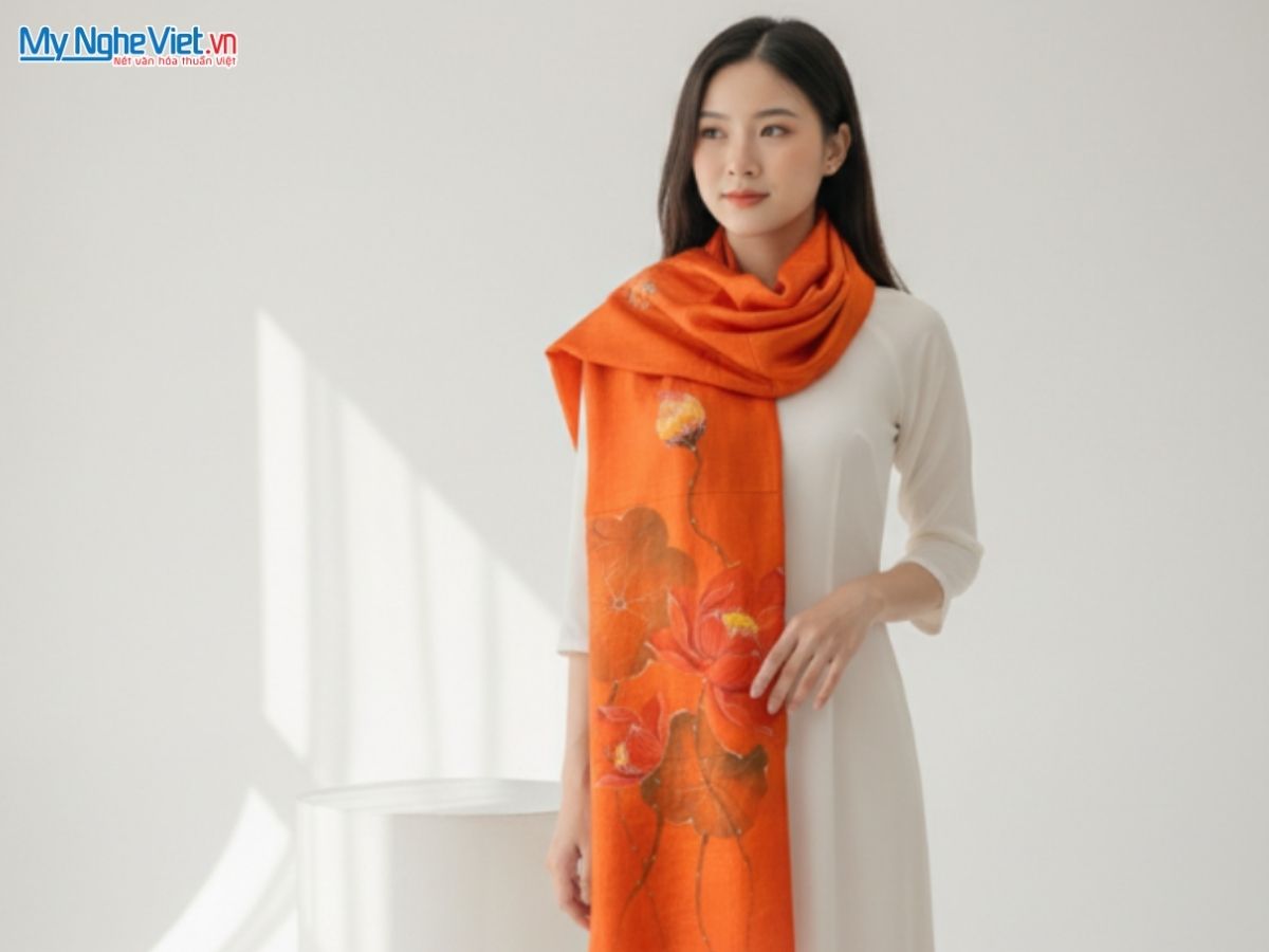 Khăn Lụa Tơ Tằm Vẽ Tay Hoa Sen 79x212cm KLNC79212/2