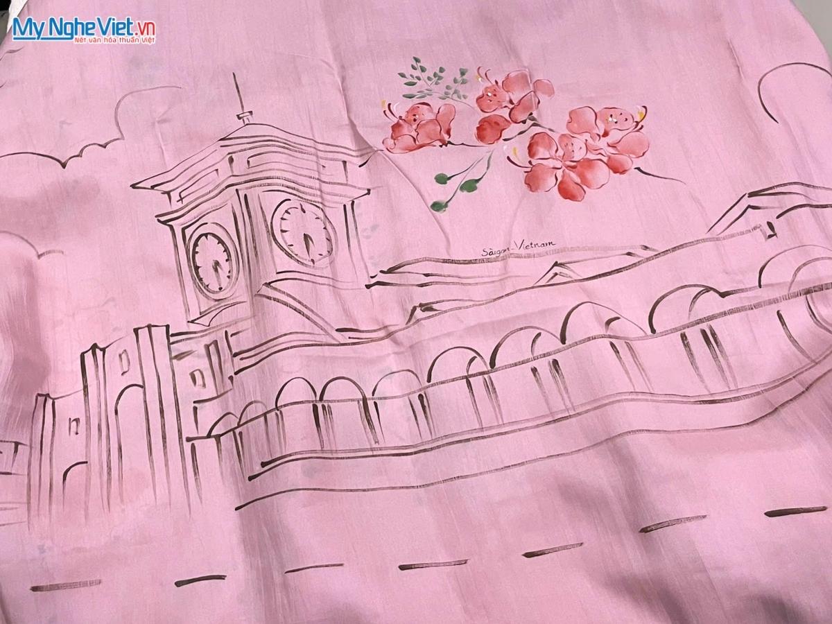 Khăn lụa tơ tằm vẽ tay chợ Bến Thành màu hồng 85x175cm MNV-PT70180/9