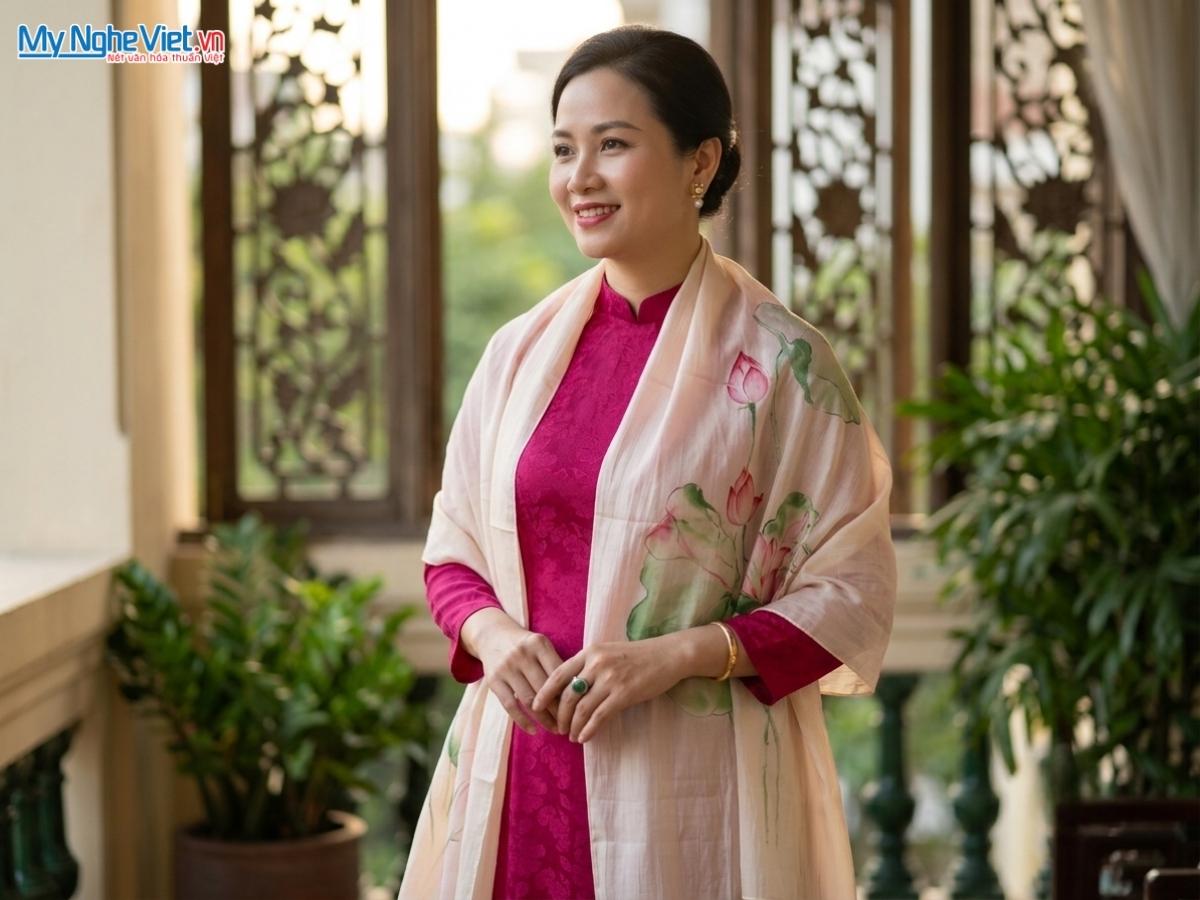 Khăn Lụa Tơ Tằm Vẽ Tay Hoa Sen 83x180cm MNV-PT70180/1.4