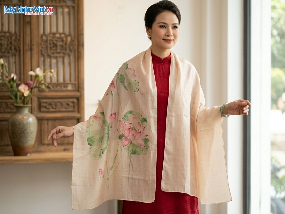Khăn Lụa Tơ Tằm Vẽ Tay Hoa Sen 83x180cm MNV-PT70180/1.4