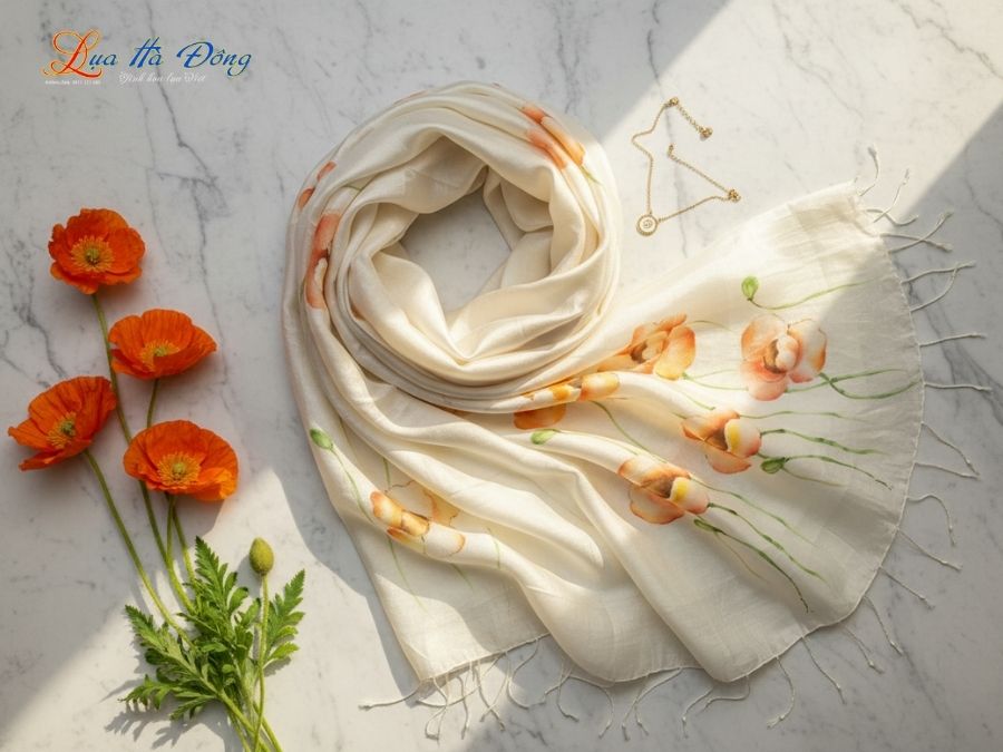 Khăn lụa tơ tằm vẽ tay hoa tua rua 100% silk KLNC79212/14