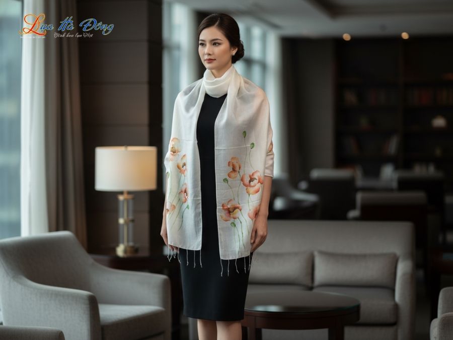 Khăn lụa tơ tằm vẽ tay hoa tua rua 100% silk KLNC79212/14
