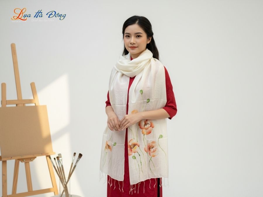 Khăn lụa tơ tằm vẽ tay hoa tua rua 100% silk KLNC79212/14