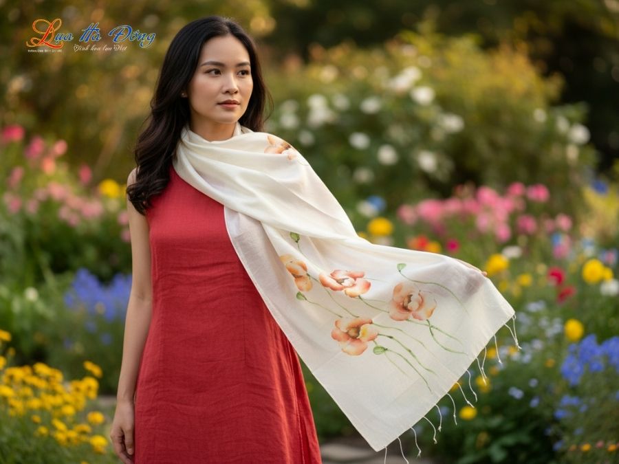 Khăn lụa tơ tằm vẽ tay hoa tua rua 100% silk KLNC79212/14