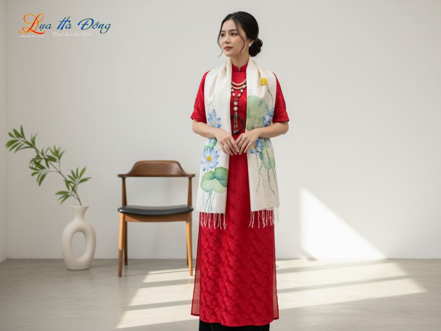 Khăn lụa tơ tằm vẽ tay hoa tua rua 100% silk KLNC79212/12