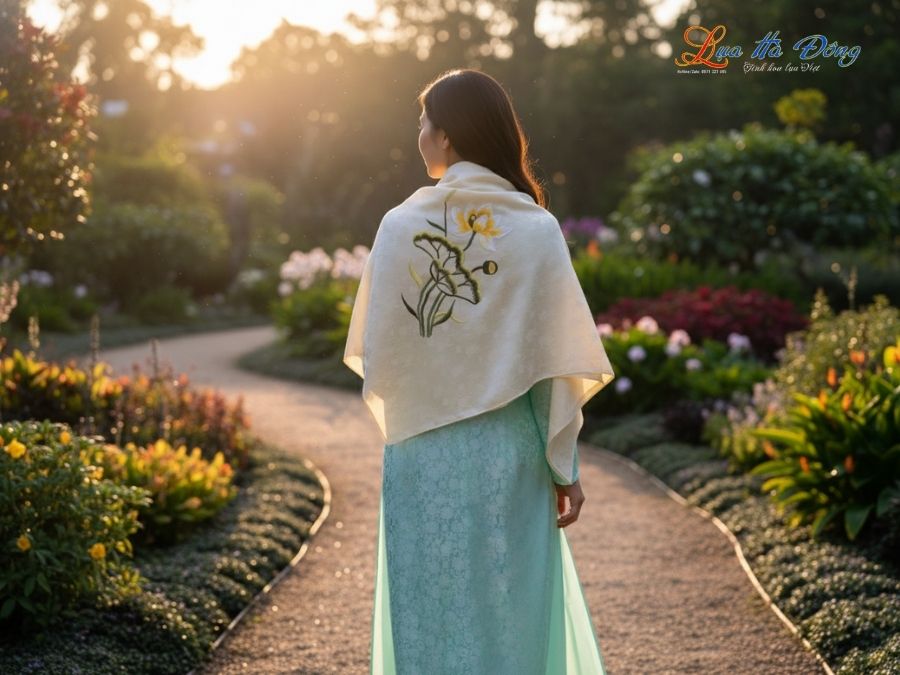 Khăn Lụa Vuông Tơ Tằm Thêu Hoa Sen Họa Tiết Sen Dây Màu Kem KLTA9090/33