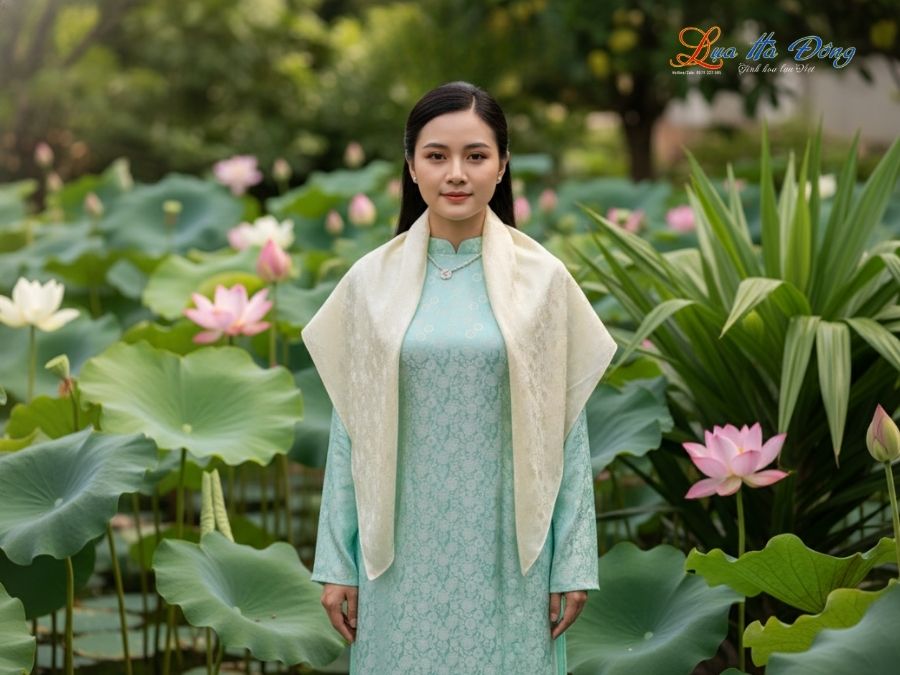 Khăn Lụa Vuông Tơ Tằm Thêu Hoa Sen Họa Tiết Sen Dây Màu Kem KLTA9090/33