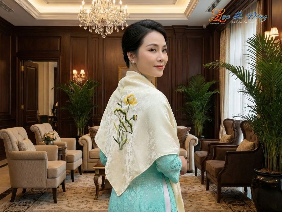 Khăn Lụa Vuông Tơ Tằm Thêu Hoa Sen Họa Tiết Sen Dây Màu Kem KLTA9090/33