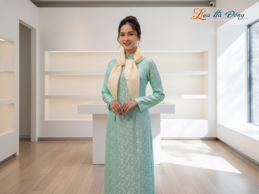 Khăn Lụa Vuông Tơ Tằm Thêu Hoa Sen Họa Tiết Sen Dây Màu Kem KLTA9090/33