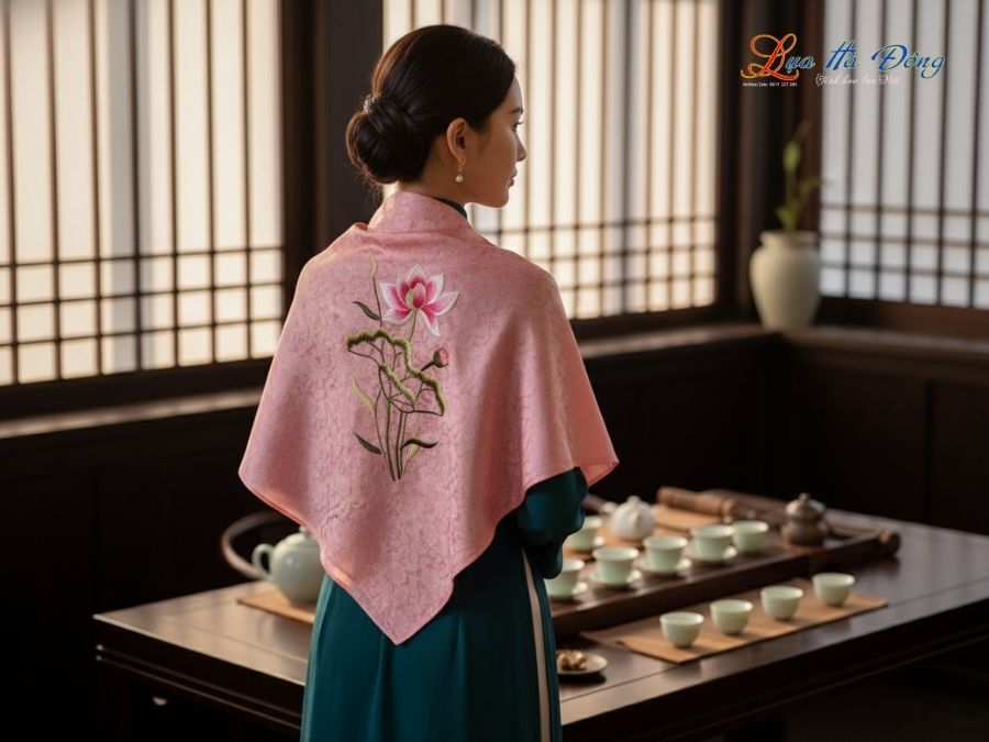 Khăn Lụa Vuông Tơ Tằm Thêu Hoa Sen Họa Tiết Hoa Cúc Hồng Phấn KLTA9090/30
