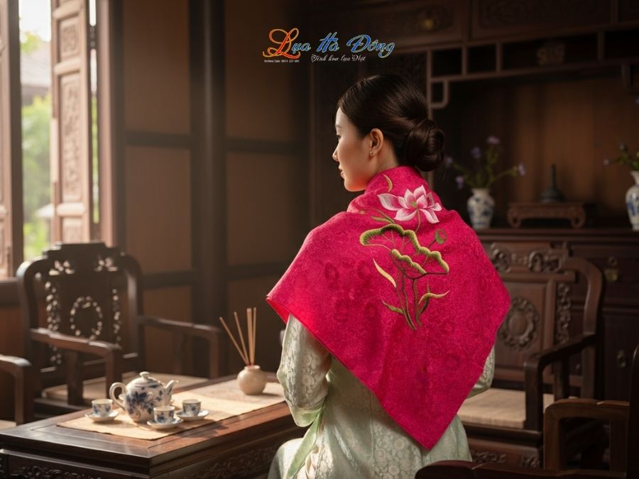 Khăn Lụa Vuông Tơ Tằm Thêu Hoa Sen Họa Tiết Hoa Cúc Màu Hồng Sen KLTA9090/27