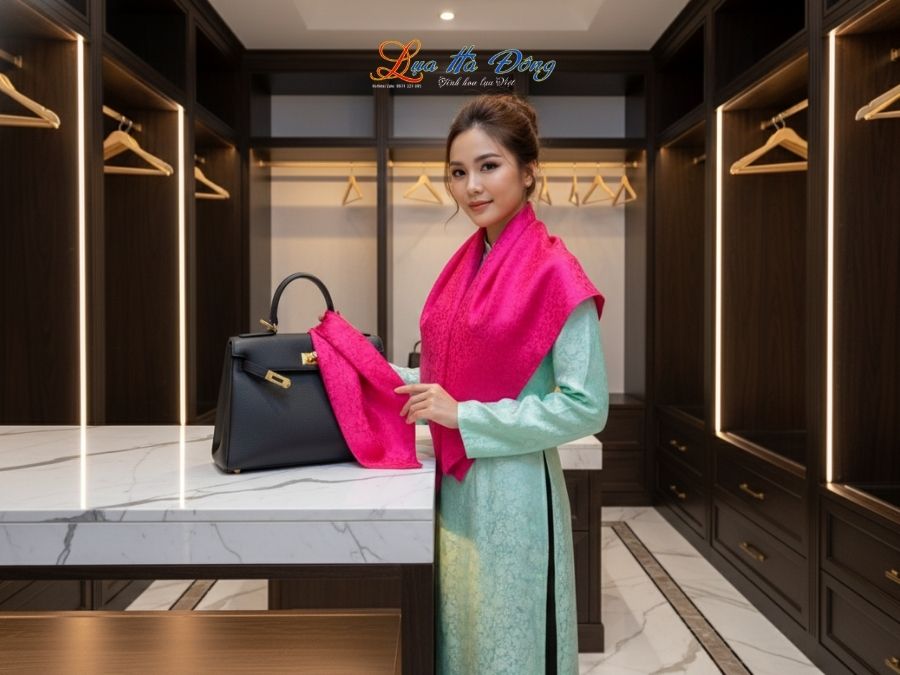 Khăn Lụa Vuông Tơ Tằm Thêu Hoa Sen Họa Tiết Hoa Cúc Màu Hồng Sen KLTA9090/27