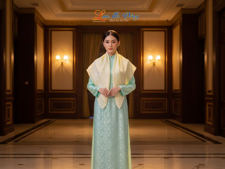 Khăn Lụa Vuông Tơ Tằm Thêu Hoa Sen Họa Tiết Hoa Cúc Màu Vàng Mỡ Gà KLTA9090/23