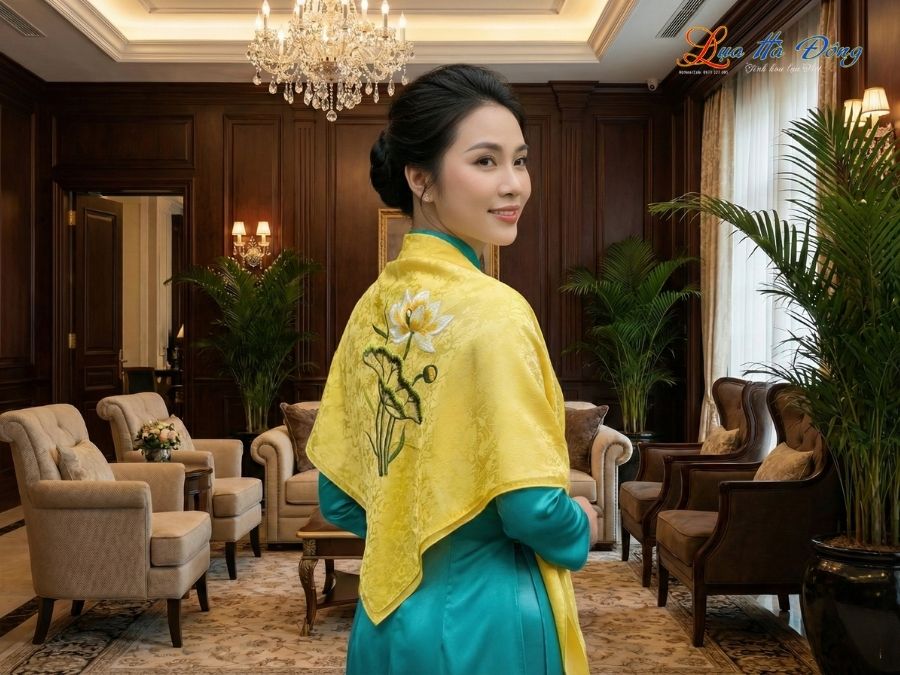 Khăn Lụa Vuông Tơ Tằm Thêu Hoa Sen Họa Tiết Hoa Cúc Vàng Tươi KLTA9090/24