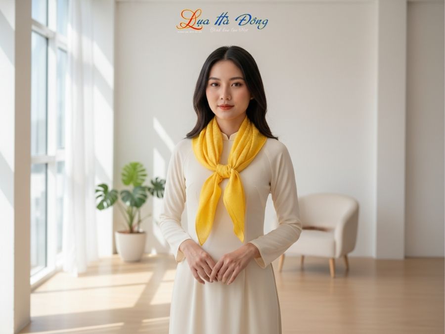 Khăn Lụa Vuông Tơ Tằm Thêu Hoa Sen Họa Tiết Hoa Cúc Vàng Tươi KLTA9090/24