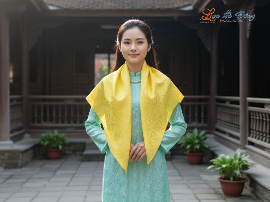 Khăn Lụa Vuông Tơ Tằm Thêu Hoa Sen Họa Tiết Hoa Cúc Vàng Tươi KLTA9090/24