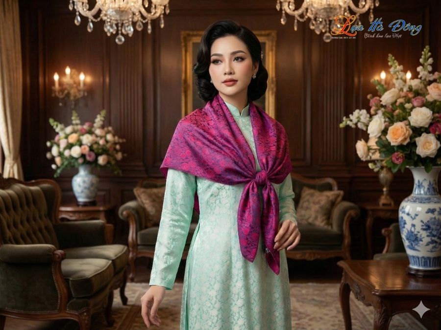 Khăn Lụa Vuông Tơ Tằm Thêu Hoa Sen Họa Tiết Hồng Thọ Màu Tím KLTA9090/26