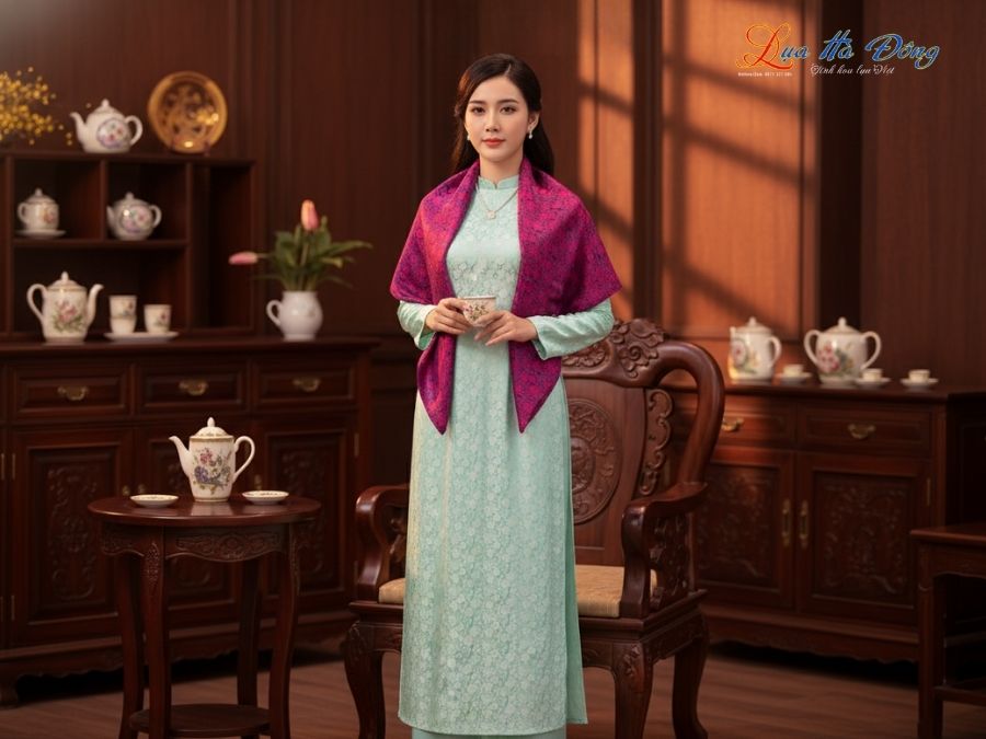 Khăn Lụa Vuông Tơ Tằm Thêu Hoa Sen Họa Tiết Hồng Thọ Màu Tím KLTA9090/26