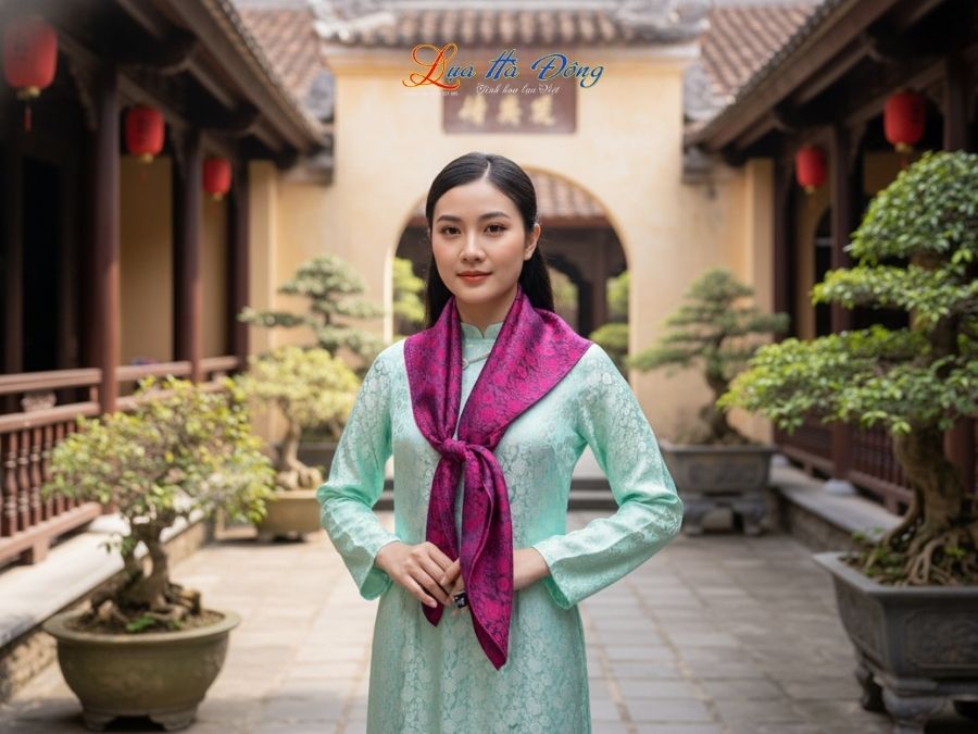 Khăn Lụa Vuông Tơ Tằm Thêu Hoa Sen Họa Tiết Hồng Thọ Màu Tím KLTA9090/26