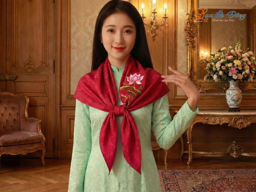 Khăn Lụa Vuông Tơ Tằm Thêu Hoa Sen Họa Tiết Sen Dây Màu Tím Hồng KLTA9090/22