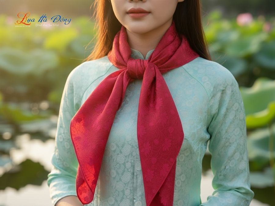 Khăn Lụa Vuông Tơ Tằm Thêu Hoa Sen Họa Tiết Sen Dây Màu Tím Hồng KLTA9090/22