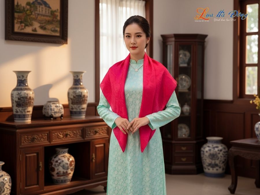 Khăn Lụa Vuông Tơ Tằm Thêu Hoa Sen Họa Tiết Trống Đồng Màu Hồng KLTA9090/29