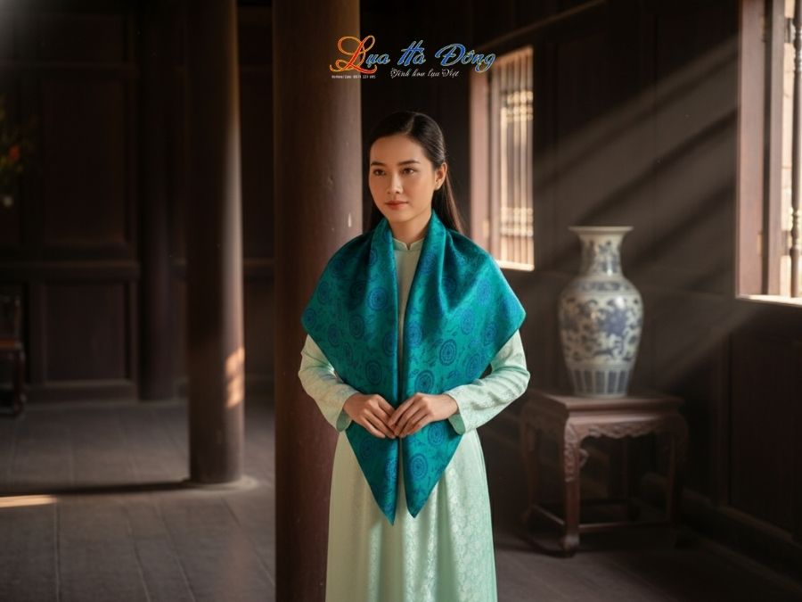 Khăn Lụa Vuông Tơ Tằm Thêu Hoa Sen Họa Tiết Trống Đồng Xanh Dương KLTA9090/25