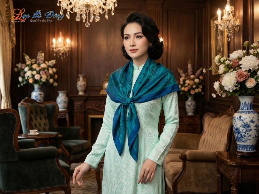 Khăn Lụa Vuông Tơ Tằm Thêu Hoa Sen Họa Tiết Trống Đồng Xanh Dương KLTA9090/25