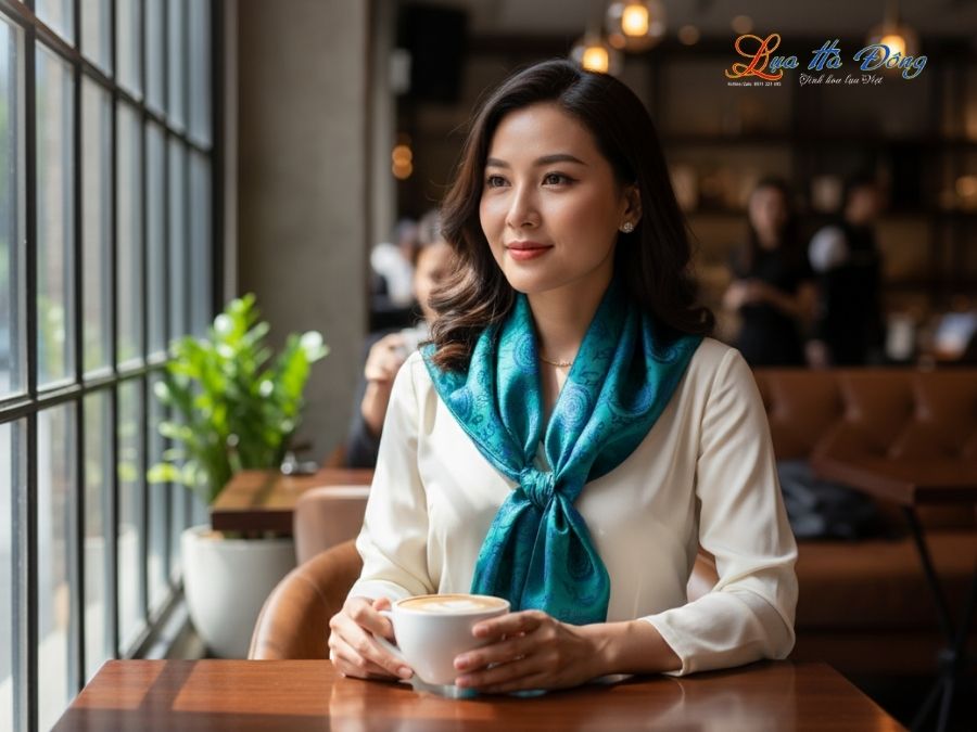 Khăn Lụa Vuông Tơ Tằm Thêu Hoa Sen Họa Tiết Trống Đồng Xanh Dương KLTA9090/25