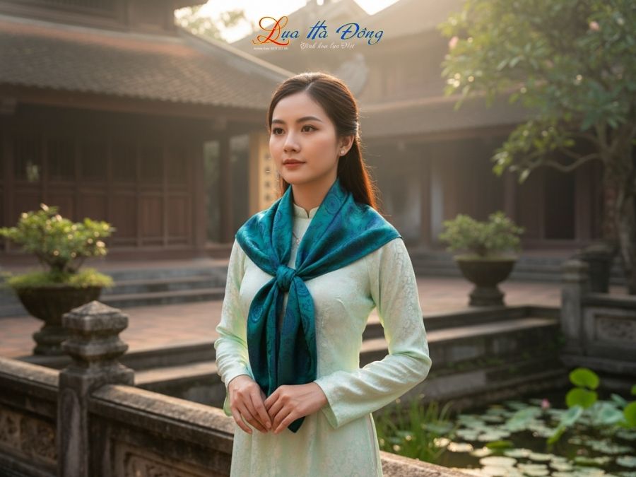 Khăn Lụa Vuông Tơ Tằm Thêu Hoa Sen Họa Tiết Trống Đồng Xanh Dương KLTA9090/25