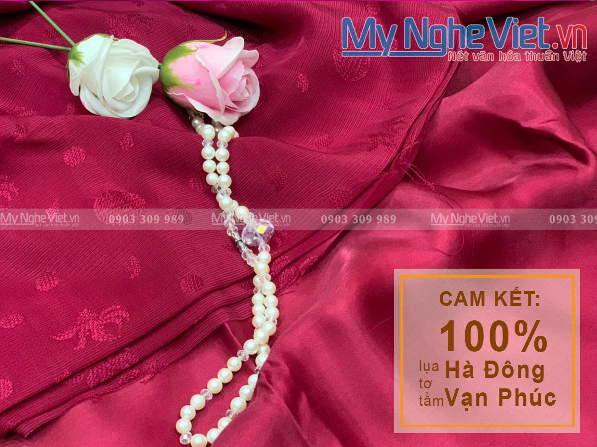 Bộ áo dài lụa the hoa đỏ đô( Áo 4m + Quần 2,3m) MNV-LPT69-5