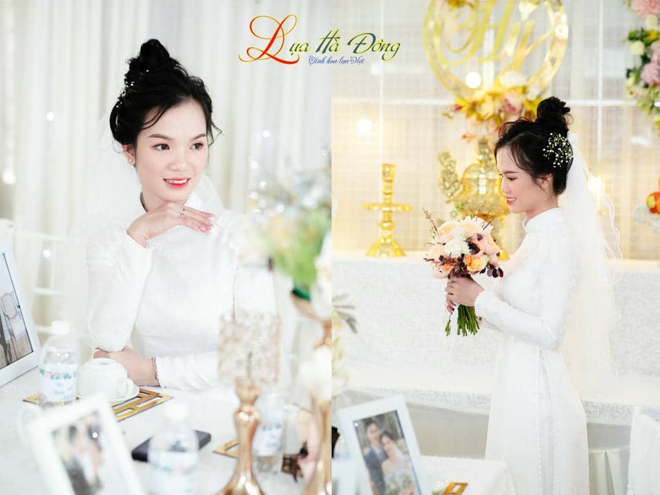   Bộ Áo Dài Lụa Hà Đông Hoa Hồng Trắng May Áo Dài Cô Dâu 70% tơ tằm (Áo 3,7m + Quần 2,3m) MNV-LHD108