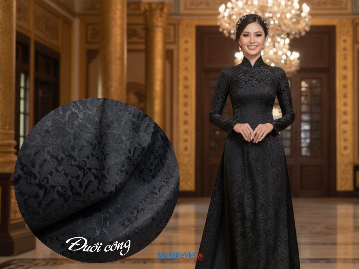 Vải Lụa Hà Đông Đuôi Công Đen 70% tơ tằm 3.7m khổ 90cm